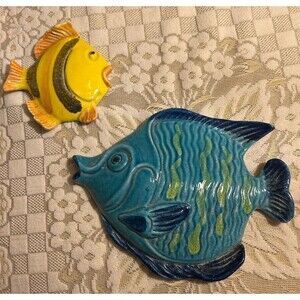 Vgt. Pair Italy MCM Terracotta Fish Wall Plaque Hanging 11" Blue & Yellow 5”